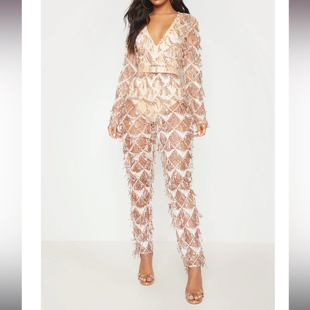 Pretty little thing Rose Gold Tassel Sequin Plunge Jumpsuit